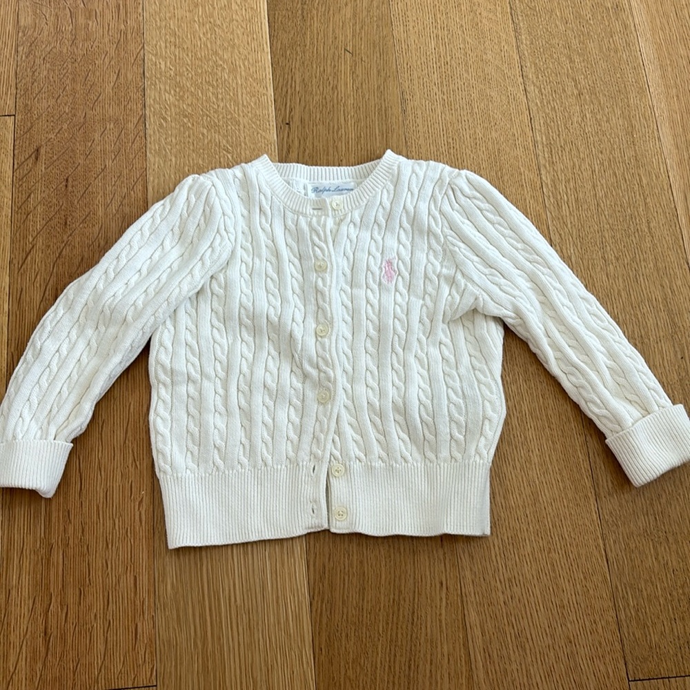 Ralph Lauren Cream Cable Knit Button-Up Cardigan with Pink Pony